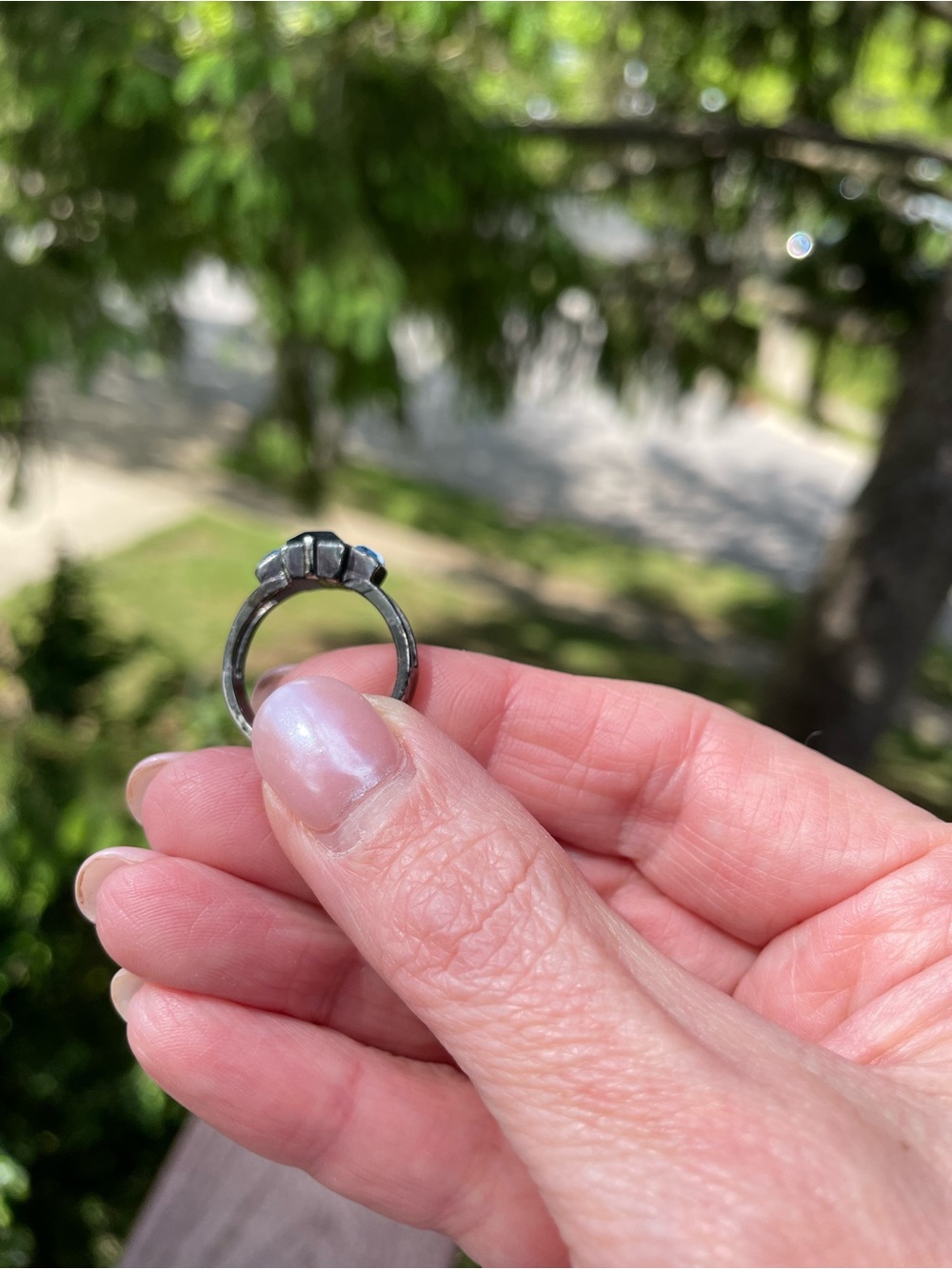 Elegant Cocktail Ring with Dark and Light Blue Stones in Dark Metal Finish, 7 - Picture 9 of 12